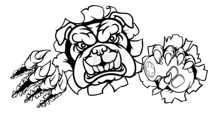 Illustration for A bulldog dog cartoon character player gamer esports sport mascot holding a video games controller and ripping through the background - Royalty Free Image