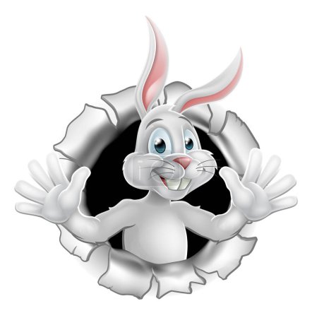 Illustration for The Easter bunny cartoon character tearing through the background and waving - Royalty Free Image