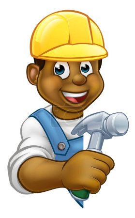 Ilustración de Un carpintero o contratista constructor sosteniendo una herramienta de mano de martillo y mirando por detrás de un letrero - Imagen libre de derechos