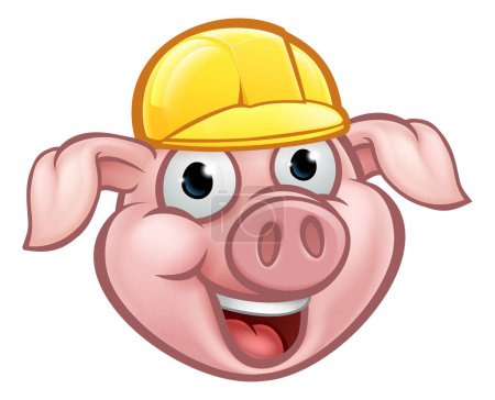 Téléchargez les illustrations : Un personnage de dessin animé de cochon constructeur avec un casque jaune. Peut-être celui des trois petits cochons qui ont construit sa maison de briques. - en licence libre de droit
