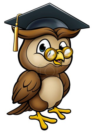 Téléchargez les illustrations : Un personnage sage de dessin animé hibou portant un panneau de mortier chapeau diplômé - en licence libre de droit