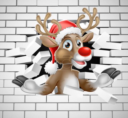 Illustration for A Christmas illustration of Reindeer in Santa Hat cartoon character breaking through a wall background - Royalty Free Image