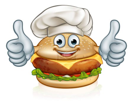 Téléchargez les illustrations : Mascotte de personnage de dessin animé burger donnant un pouce vers le haut et portant un chapeau de chef - en licence libre de droit