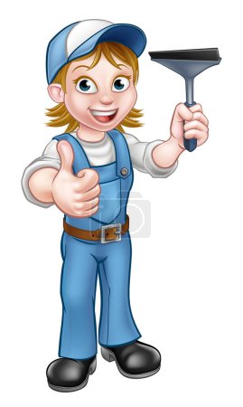 Illustration for A handyman window cleaner cartoon character holding a squeegee and giving a thumbs up - Royalty Free Image