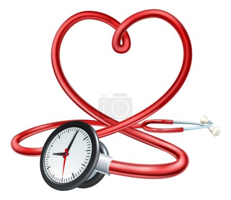 Téléchargez les illustrations : Un stéthoscope en forme de coeur avec horloge. Temps important pour la santé cardiaque ou liste d'attente concept médical - en licence libre de droit