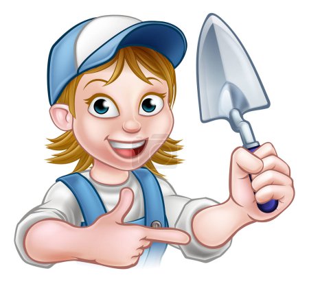 Illustration for A cartoon woman builder or bricklayer construction worker holding a masons brick laying trowel hand tool and pointing - Royalty Free Image