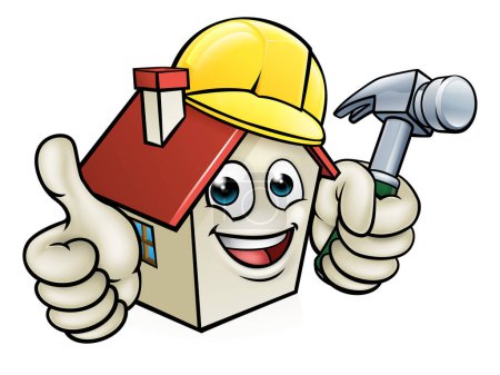 Illustration for A cartoon house character mascot wearing construction site hard hat, holding a hammer giving thumbs up - Royalty Free Image