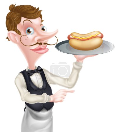 Téléchargez les illustrations : Illustration d'un serveur de dessins animés Hotdog Butler Pointing - en licence libre de droit