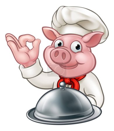 Téléchargez les illustrations : Une mascotte de chef de porc dessin animé tenant un plateau d'argent cloche plateau de nourriture dôme et faisant un geste parfait main - en licence libre de droit