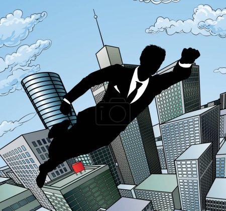 Illustration for A superhero businessman flying through the air over a city scene - Royalty Free Image