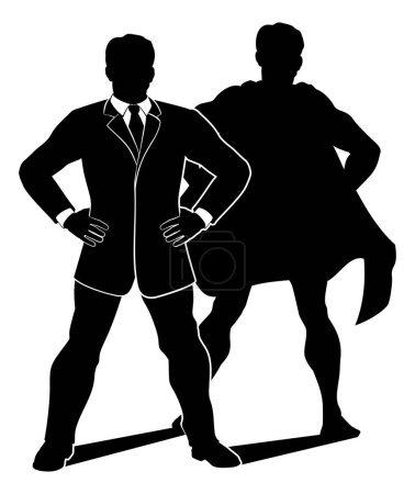 Illustration for A businessman in silhouette with a caped super hero shadow - Royalty Free Image