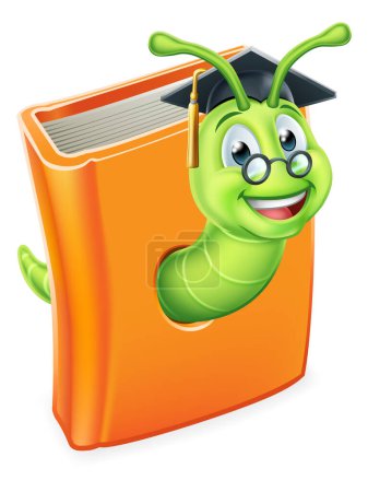 Illustration for A cute bookworm caterpillar worm teacher cartoon character education mascot wearing graduation hat and glasses coming out of a book - Royalty Free Image