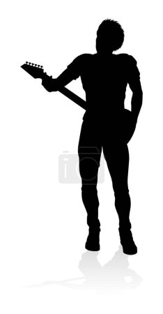 Illustration for A guitarist musician in detailed silhouette playing his guitar musical instrument. - Royalty Free Image
