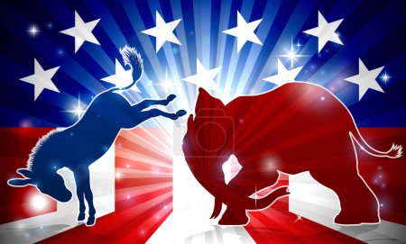 Illustration for A silhouette elephant and donkey with an American flag in the background democrat and republican political mascot animals - Royalty Free Image