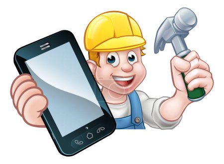 Illustration for A carpenter or handyman holding a hammer and phone with copyspace - Royalty Free Image