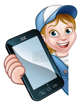 Ilustración de Un manitas o mecánico sosteniendo un teléfono con copyspace - Imagen libre de derechos