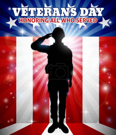 Illustration for Saluting soldier with a patriotic Veterans Day American flag red, white and blue background - Royalty Free Image