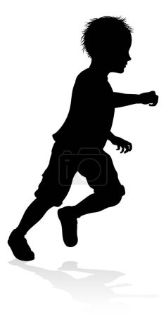 Téléchargez les illustrations : Un enfant ou un enfant en silhouette jouant à courir en sautant - en licence libre de droit