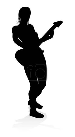 Illustration for A female guitarist musician in detailed silhouette playing her guitar musical instrument. - Royalty Free Image