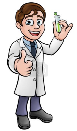 Illustration for A cartoon scientist professor wearing lab white coat holding a test tube and giving a thumbs up - Royalty Free Image