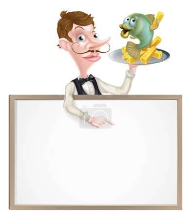 Illustration for An Illustration of a Cartoon Waiter Butler Fish and Chip Sign - Royalty Free Image
