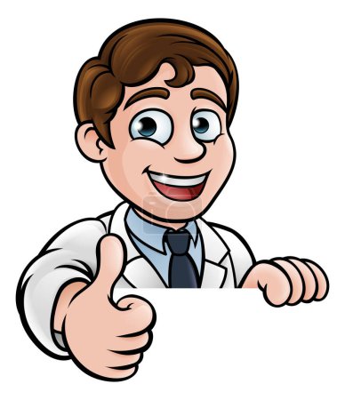 Ilustración de Un profesor científico de dibujos animados vistiendo bata blanca de laboratorio mirando por encima de signo y dando un pulgar hacia arriba - Imagen libre de derechos