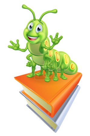 Téléchargez les illustrations : Une mascotte éducative de personnage de chenille vers de bibliothèque mignon personnage de bande dessinée debout sur une pile de livres - en licence libre de droit