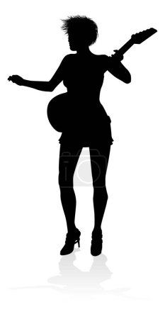 Téléchargez les illustrations : Une femme guitariste musicienne en silhouette détaillée jouant de son instrument de musique à la guitare. - en licence libre de droit