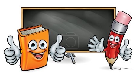 Illustration for Book and pencil cartoon character education mascots giving thumbs up in front of a school blackboard sign - Royalty Free Image