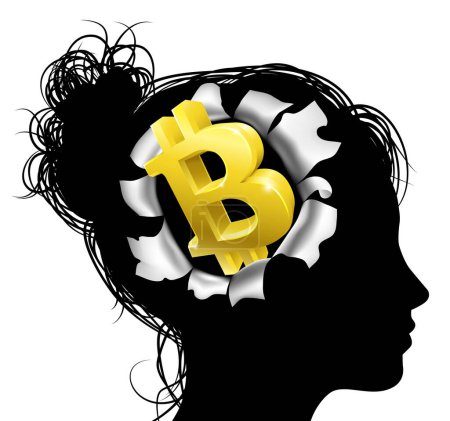 Illustration for A womans head in silhouette with gold Bitcoin sign symbol. Concept for thinking or dreaming about making money with Bitcoin - Royalty Free Image