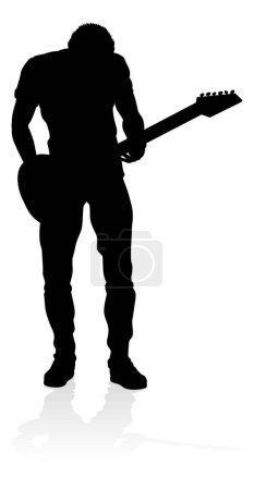 A guitarist musician in detailed silhouette playing his guitar musical instrument.