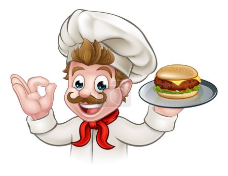 Téléchargez les illustrations : Un personnage de dessin animé chef tenant un hamburger au fromage sur une assiette - en licence libre de droit