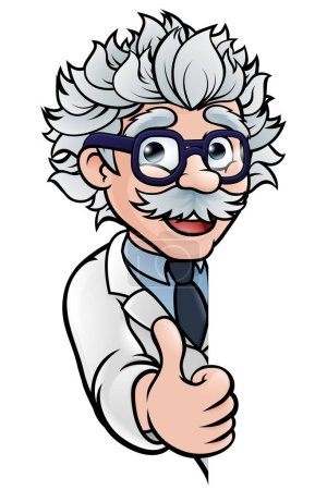 Ilustración de Un profesor científico de dibujos animados vistiendo bata blanca de laboratorio mirando alrededor de signo y dando un pulgar hacia arriba - Imagen libre de derechos