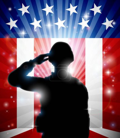 Ilustración de Un soldado patriótico de pie saludando frente a un fondo de bandera estadounidense - Imagen libre de derechos
