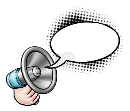 Illustration for A hand holding a bullhorn or megaphone with comic book style speech bubble coming out - Royalty Free Image