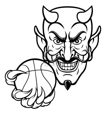 Ilustración de Un personaje de dibujos animados diablo mascota deportiva sosteniendo una pelota de baloncesto - Imagen libre de derechos