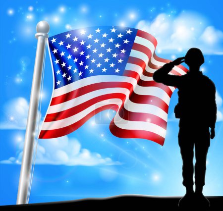 Ilustración de Un soldado patriótico de pie frente a un fondo de bandera estadounidense y saludando - Imagen libre de derechos