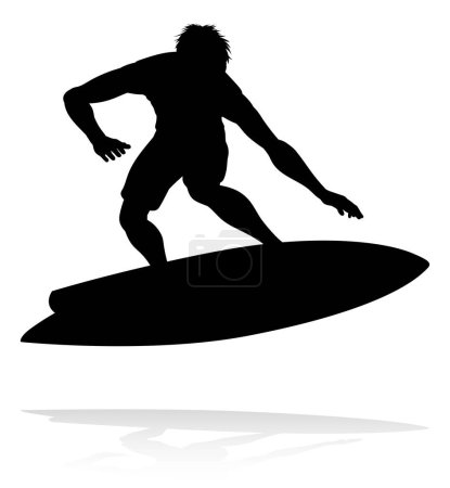 Téléchargez les illustrations : A high quality detailed silhouette of a surfer surfing the waves on his surfboard - en licence libre de droit