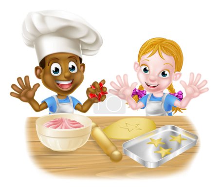 Ilustración de Niños y niñas de dibujos animados, uno negro, blanco, vestidos de chefs o panaderos horneando pasteles y galletas - Imagen libre de derechos