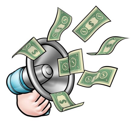 Illustration for A megaphone or bullhorn with money flying out. Concept for marketing, referral bonus, or other activity where you are paid for speaking or communication - Royalty Free Image