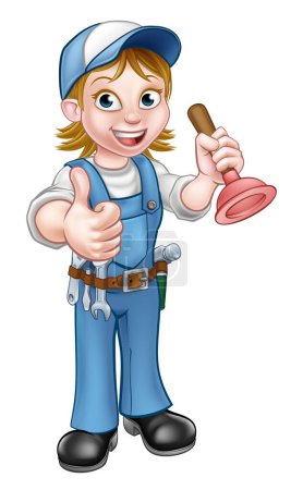 Illustration for A plumber handyman cartoon character holding a plunger and giving a thumbs up - Royalty Free Image