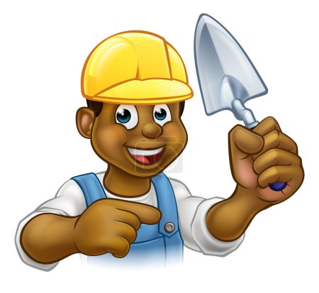 Illustration for A cartoon black builder or bricklayer construction worker holding a masons brick laying trowel hand tool, wearing a hard hat and pointing - Royalty Free Image