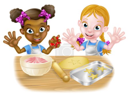 Ilustración de Niños de dibujos animados, uno negro, blanco, vestidos de chefs o panaderos horneando pasteles y galletas - Imagen libre de derechos