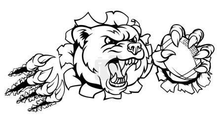 Illustration for A bear angry animal sports mascot holding an American football ball and breaking through the background with its claws - Royalty Free Image