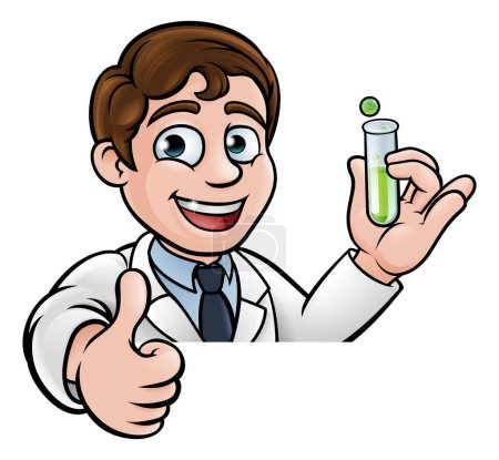 Illustration for A cartoon scientist professor wearing lab white coat peeking above sign with a test tube and giving a thumbs up - Royalty Free Image