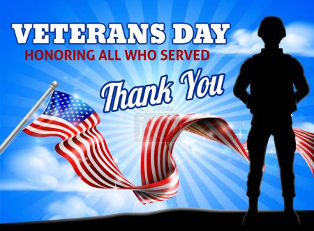 Ilustración de Un soldado con una bandera patriótica americana Día de los Veteranos Honrando a Todos los que Sirvieron, Gracias diseño gráfico de fondo - Imagen libre de derechos