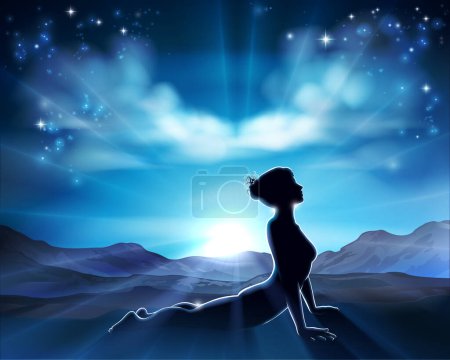 Illustration for A woman in a Pilates or yoga position in silhouette with the sunrise behind her background concept - Royalty Free Image
