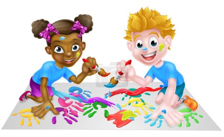 Illustration for Cartoon boy and girl getting very messy with paints - Royalty Free Image