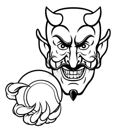 Ilustración de Un personaje de dibujos animados diablo mascota deportiva sosteniendo una pelota de tenis - Imagen libre de derechos