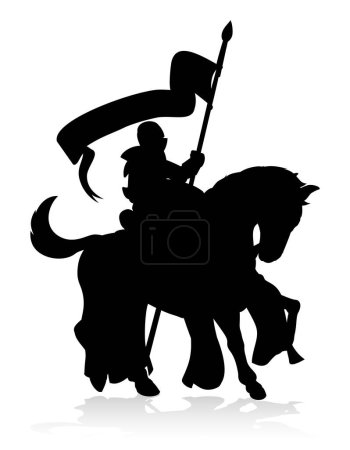 Ilustración de Un caballero sosteniendo una lanza y un escudo en la espalda del caballo en silueta - Imagen libre de derechos